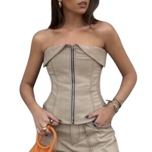 ZARA Womens Zipper Bustier Khaki S Blogger Fav Utility Gorpcore Strapless